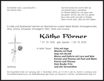 Traueranzeige von Käthe Pörner von Der Bote