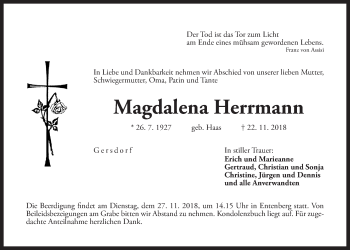 Traueranzeige von Magdalena Herrmann von Der Bote