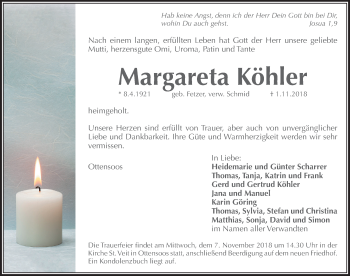 Traueranzeige von Margareta Köhler von Pegnitz-Zeitung