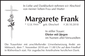 Traueranzeige von Margarete Frank von Pegnitz-Zeitung