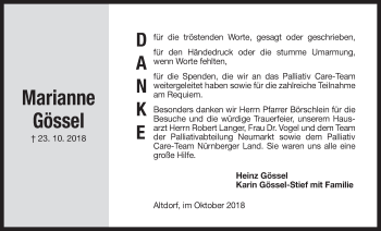 Traueranzeige von Marianne Gössel von Der Bote