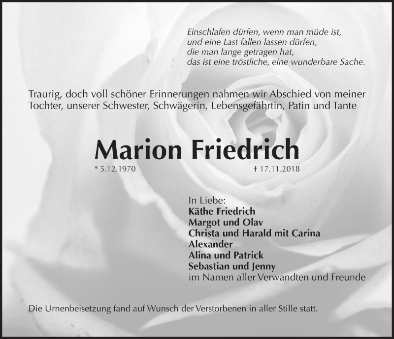  Traueranzeige für Marion Friedrich vom 28.11.2018 aus Pegnitz-Zeitung
