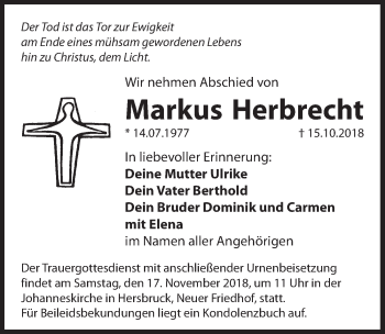 Traueranzeige von Markus Herbrecht von Hersbrucker Zeitung