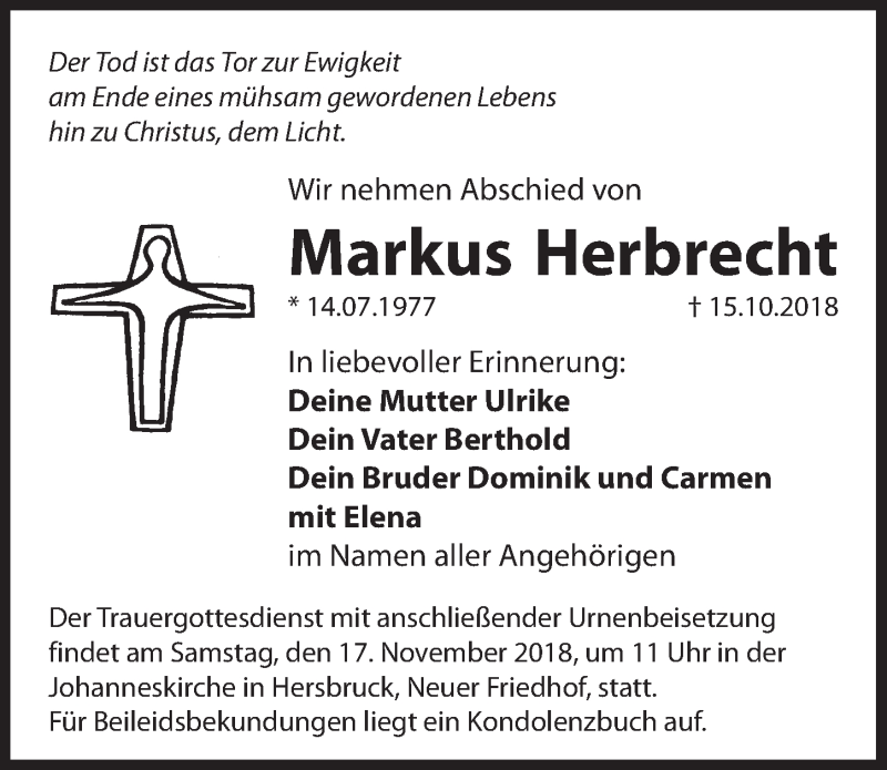  Traueranzeige für Markus Herbrecht vom 14.11.2018 aus Hersbrucker Zeitung
