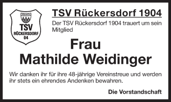 Traueranzeige von Mathilde Weidinger von Pegnitz-Zeitung