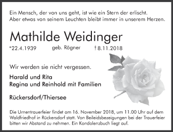 Traueranzeige von Mathilde Weidinger von Pegnitz-Zeitung