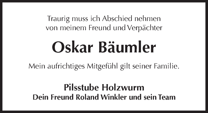  Traueranzeige für Oskar Bäumler vom 08.11.2018 aus Hersbrucker Zeitung