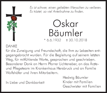 Traueranzeige von Oskar Bäumler von Hersbrucker Zeitung