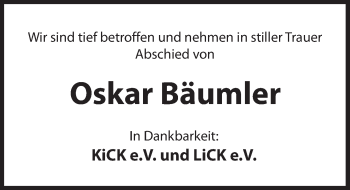 Traueranzeige von Oskar Bäumler von Hersbrucker Zeitung