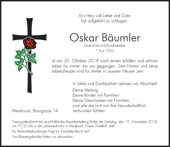 Traueranzeige von Oskar Bäumler von Hersbrucker Zeitung