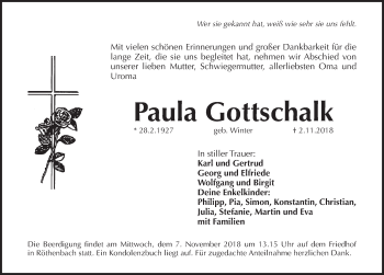Traueranzeige von Paula Gottschalk von Pegnitz-Zeitung