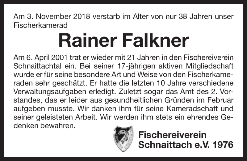  Traueranzeige für Rainer Falkner vom 10.11.2018 aus Pegnitz-Zeitung