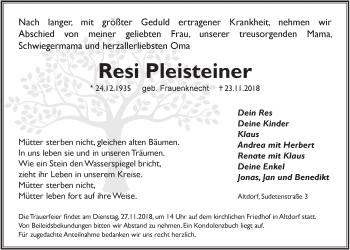 Traueranzeige von Resi Pleisteiner von Der Bote