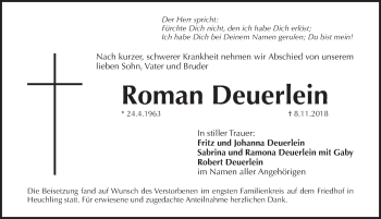 Traueranzeige von Roman Deuerlein von Pegnitz-Zeitung