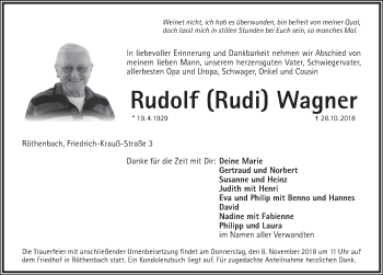 Traueranzeige von Rudolf Wagner von Pegnitz-Zeitung