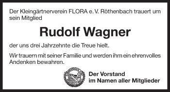 Traueranzeige von Rudolf Wagner von Pegnitz-Zeitung