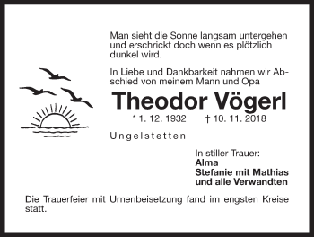 Traueranzeige von Theodor Vögerl von Der Bote
