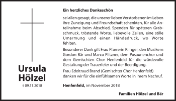 Traueranzeige von Ursula Hölzel von Hersbrucker Zeitung