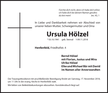 Traueranzeige von Ursula Hölzel von Hersbrucker Zeitung
