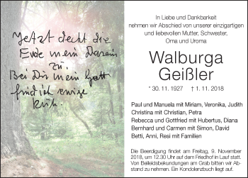 Traueranzeige von Walburga Geißler von Pegnitz-Zeitung