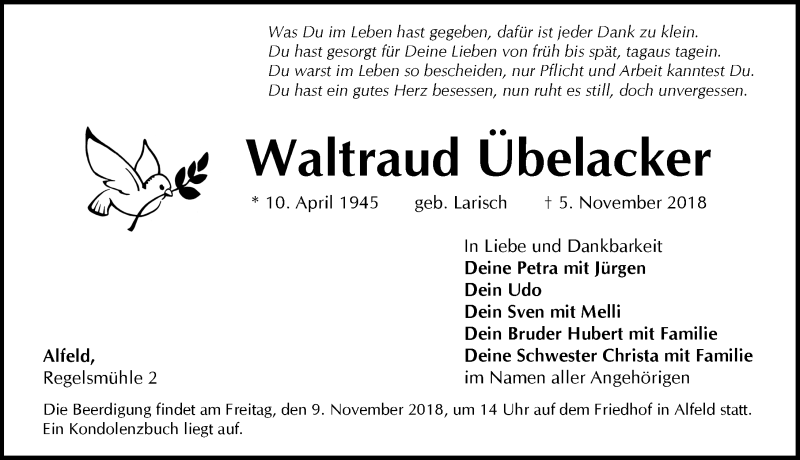  Traueranzeige für Waltraud Übelacker vom 07.11.2018 aus Hersbrucker Zeitung