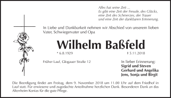 Traueranzeige von Wilhelm Baßfeld von Pegnitz-Zeitung