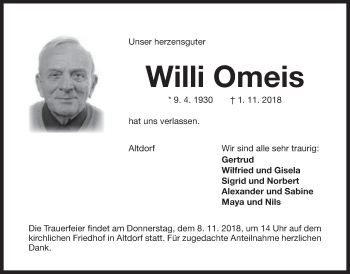 Traueranzeige von Willi Omeis von Der Bote