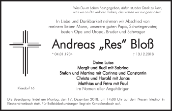 Traueranzeige von Andreas Bloß von Hersbrucker Zeitung
