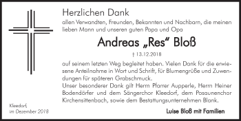 Traueranzeige von Andreas Bloß von Hersbrucker Zeitung