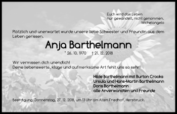 Traueranzeige von Anja Barthelmann von Hersbrucker Zeitung