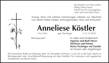 Traueranzeige von Anneliese Köstler von Pegnitz-Zeitung