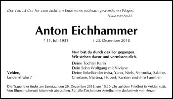 Traueranzeige von Anton Eichhammer von Hersbrucker Zeitung