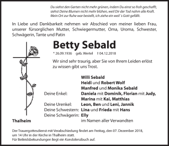 Traueranzeige von Betty Sebald von Hersbrucker Zeitung