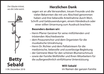 Traueranzeige von Betty Sebald von Hersbrucker Zeitung