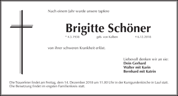 Traueranzeige von Brigitte Schöner von Pegnitz-Zeitung