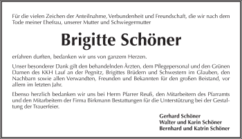 Traueranzeige von Brigitte Schöner von Pegnitz-Zeitung