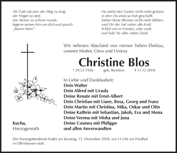 Traueranzeige von Christine Blos von Hersbrucker Zeitung
