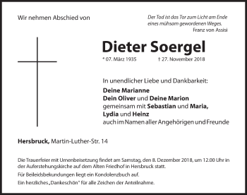 Traueranzeige von Dieter Soergel von Hersbrucker Zeitung