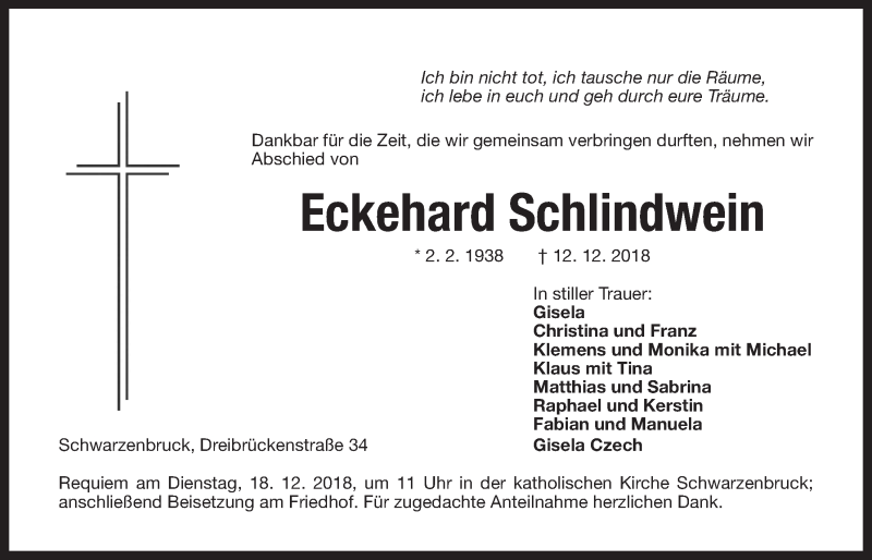  Traueranzeige für Eckehard Schlindwein vom 15.12.2018 aus Der Bote