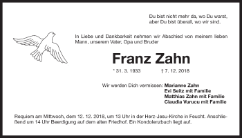 Traueranzeige von Franz Zahn von Der Bote