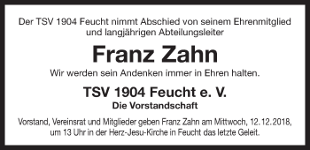 Traueranzeige von Franz Zahn von Der Bote