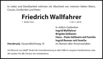 Traueranzeige von Friedrich Wallfahrer von Hersbrucker Zeitung