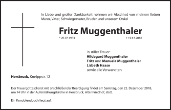 Traueranzeige von Fritz Muggenthaler von Hersbrucker Zeitung