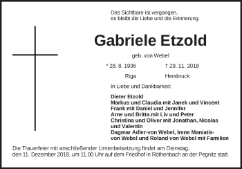 Traueranzeige von Gabriele Etzold von Pegnitz-Zeitung