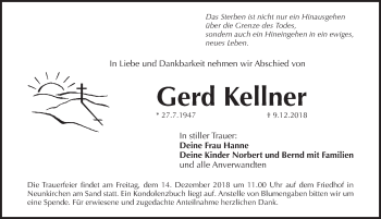 Traueranzeige von Gerd Kellner von Pegnitz-Zeitung