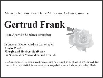 Traueranzeige von Gertrud Frank von Pegnitz-Zeitung