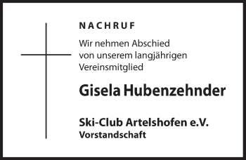 Traueranzeige von Gisela Hubenzehnder von Hersbrucker Zeitung