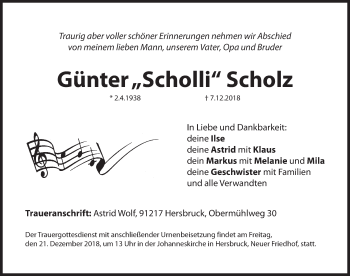 Traueranzeige von Günter Scholz von Hersbrucker Zeitung