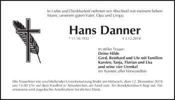 Traueranzeige von Hans Danner von Pegnitz-Zeitung