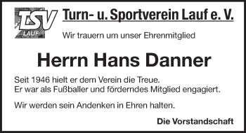 Traueranzeige von Hans Danner von Pegnitz-Zeitung